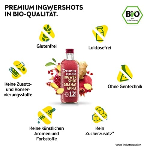 Kloster Kitchen Shot de Gingembre Bio Grenade 12SHOTS 360 ml avec morceaux de gingembre I vegan I bouteille en verre I doux-épicé sans additifs & (incl. 0,25€ consigne non consignée)