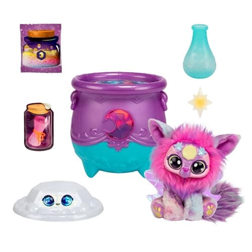 Magic Mixies Chaudron Magie des éléments Nouveaux Yeux Scintillants ! Fais apparaître Une Peluche Mixie au Milieu des Bulles du Chaudron et découvre 2 gemmes Surprises Magiques et solaires !