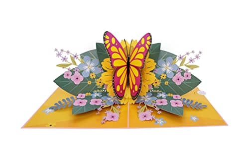 MOKIO® Carte Fleur Pop-Up – Papillon avec fleurs – Carte cadeau 3D pour un anniversaire, retraite ou comme bon, Carte de vœux fleurs avec enveloppe