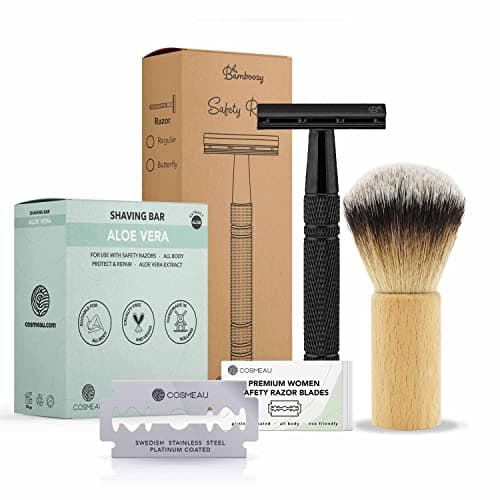 Bamboozy Rasoir de Sureté Kit de Démarrage - Set de Rasage avec 20 Lames, Savon de Rasage et Blaireau de Rasage - Aluminium - Sans Plastique & Zéro Déchet - Rasoir à Double Tranchant (Noir)