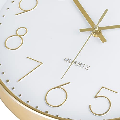 Lafocuse Horloge Murale Or Moderne Silencieuse 30cm, Chiffres 3D Pendule Murale Facile à Lire, Quartz sans Tic-tac Déco pour Salon Chambre Bureau Cuisine