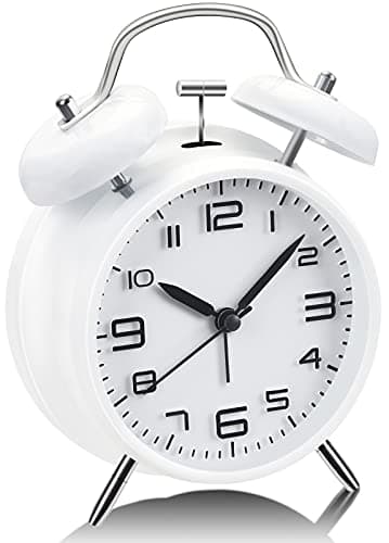 YouJabz - Réveil double cloche avec veilleuse - Rétro, pour enfant - Analogique, avec grand cadran de 10,16 cm - Silencieux, sans tic-tac (blanc)