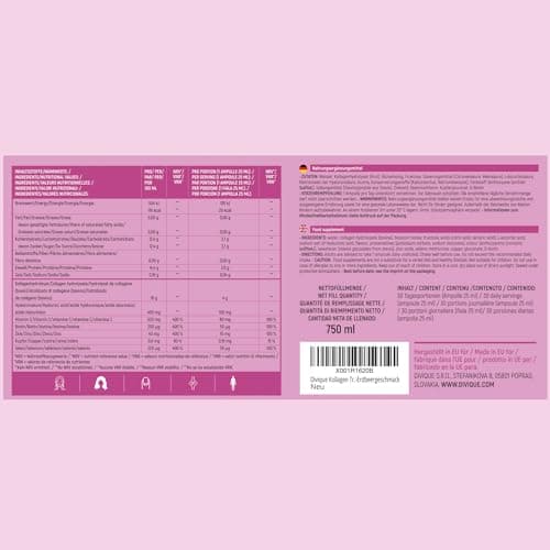 Divique collagène liquide avec acide hyaluronique (30 ampoules) - 4 000 mg de collagène + 100 mg d'acide hyaluronique - avec vitamine C, biotine, zinc, cuivre, sélénium - goût fraise