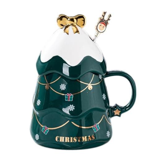 Liemuao Tasse de Sapin de Noël, 550ml Mug Mignonne en Céramique avec Couvercle et Cuillère, Tasse à Café Tasse Kawaii Chocolat Chaud Noel, Christmas Mug Set pour Famille, Ami, Collègue (Vert)