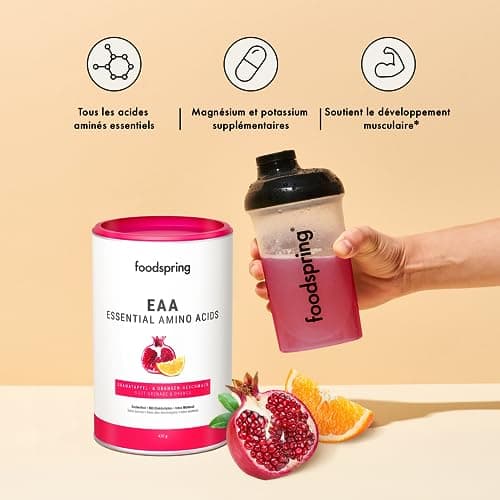 foodspring EAA Poudre avec électrolytes pour pre-workout et musculation - avec tous les acides aminés - sans sucre & sans lactosérum (420g | 30 portions | 1 cuillère doseuse = 14g | Grenade et Orange)