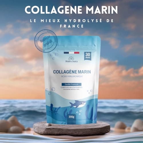 Collagène Marin Poudre Type 1 + Acide Hyaluronique, Glycine, Silicium, Vitamines C et D3 - Peau & Articulations - 5218mg de Collagène Hydrolysé à 1400 Da - Peptides - gout neutre - Fabriqué en France