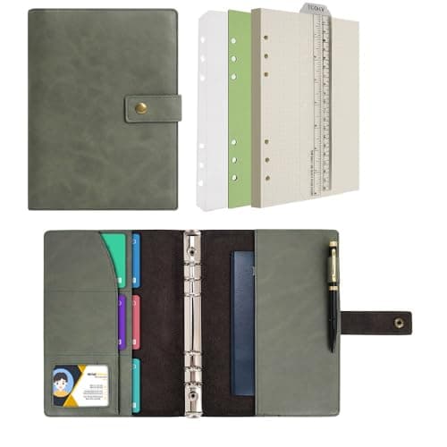 Wonderpool Carnet de notes rechargeable en cuir - Papier à pois intérieur en cuir véritable pour le travail de voyage et l'organisateur (Vert, A5)