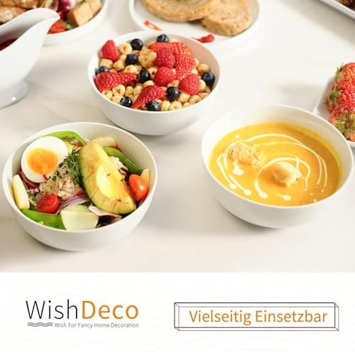 WishDeco Lot de 4 Bols à Céréales, Bols à Soupe 600ml, Bols Petit Déjeuner en Porcelaine, Bols Blancs pour Dessert, Pâtes, Nouilles, Riz, Salade, Fruits