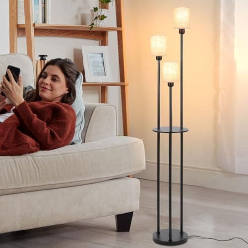 Winverty Lampadaire sur Pied Salon avec Etagere et 3 Lumières, Lampadaire Industriel Vintage avec Interrupteur à Pied et Abat-jour en Lin, Lampadaire Noir pour Salon Chambre Bureau E27