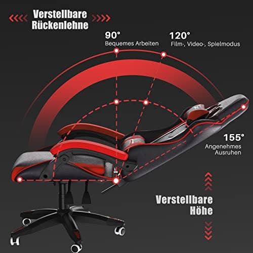 bigzzia Chaise Gaming - Ergonomique Chaise de Gaming avec Coussin Lombaire + appuie-tête - PU Cuir Chaise Bureau réglable en Hauteur - Fauteuil Gaming pour Adultes Enfants - Rouge