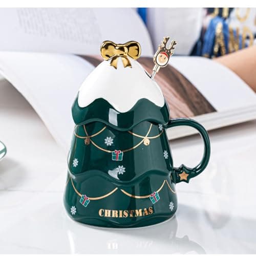 Liemuao Tasse de Sapin de Noël, 550ml Mug Mignonne en Céramique avec Couvercle et Cuillère, Tasse à Café Tasse Kawaii Chocolat Chaud Noel, Christmas Mug Set pour Famille, Ami, Collègue (Vert)