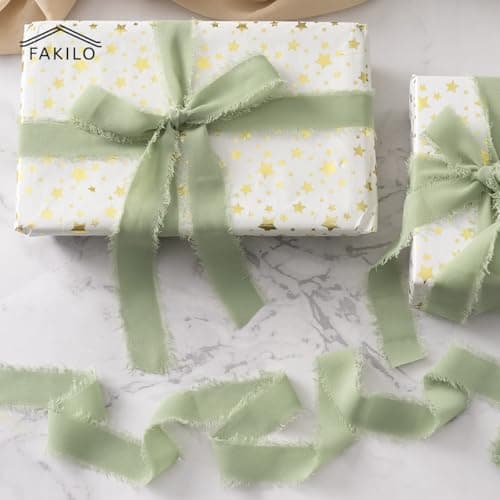 FAKILO Ruban en mousseline de soie à franges fait à la main 4 rouleaux de ruban vert clair de 2,5 cm x 5 m de ruban rose blush, 20 m de ruban en mousseline