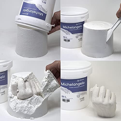 Michelangelo KIT L de moulage. Permet de créer une sculpture de 2 mains d'adultes ou 3 d'enfants en famille ou entre amis. Un pichet doseur de 1 litre et une spatule en plastique pour mélanger.