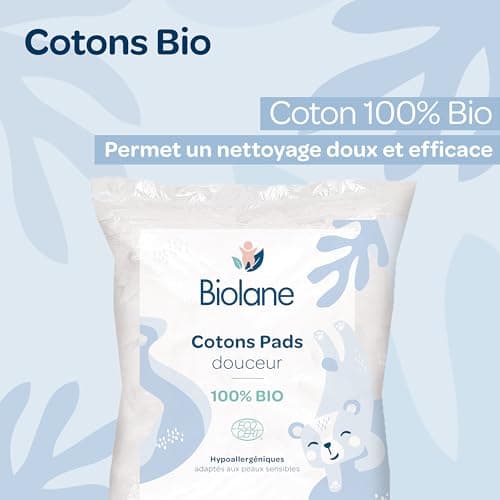 BIOLANE - Cotons pads douceur - Bébé - 100% Bio - 150 Cotons - Peaux sensibles - Change & Toilette - Dès la naissance - Fabriqués en France