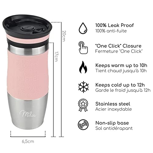 Milu Mug Isotherme Etanche 370ml, 450ml I Thermos Café-Thé I Tasse isolée pour café et thé à emporter, Double Paroi Isolée sous Vide, Acier Inoxydable I Tasse de voyage Chaud & froid (370ml, Rose)