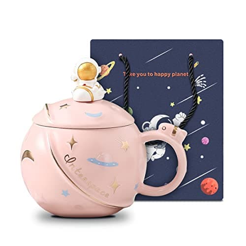 ZMHQLPDZ Mug humoristique pour femme, 450 ml, motif astronaute mignon avec couvercle et cuillère, tasse Kawaii fantaisie pour café, thé et lait, tasse cadeau (rose)