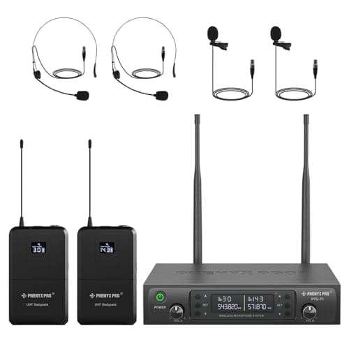 Phenyx Pro Système de Microphones sans Fil UHF, Auto-Scan avec 2x100 Fréquences, 2 Bodypacks & Casque/Micro lavalier sans Fil pour Parler, Chanter, église, DJ (PTU-71-2B)