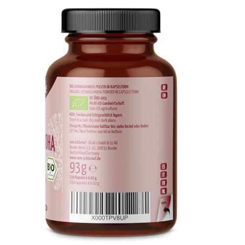 Gélules d'ashwagandha bio 150 pièces | poudre d'ashwagandha finement moulue sous forme de gélules | qualité biologique certifiée | rôle important dans l'ayurvéda indien | vom Achterhof