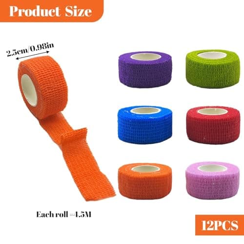 Vordpe 12 Rouleaux de Bandage Auto-Adhésif 2,5 cm x 4,5 m, Bande Sportive, Bandage Cohésif, Bandage de Fixation Élastique, Bandage Adhésif pour Doigts, Poignets, Orteils (Multicolore)