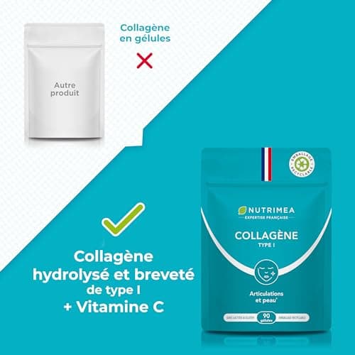 COLLAGÈNE Type I - Source de vitamine C - Hydratation de la Peau - Protège Os & Articulations - 900 mg - 90 Gélules - Nutrimea - Fabriqué en France