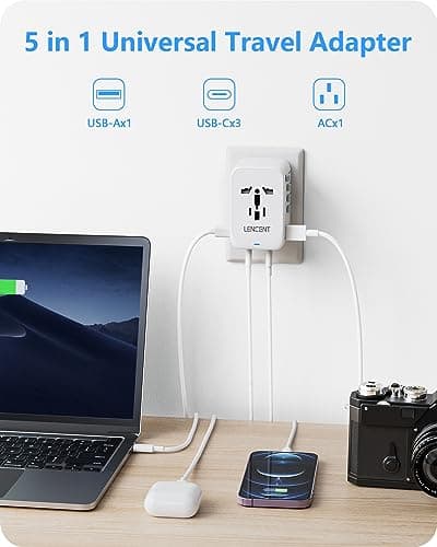 LENCENT Adaptateur Prise Universelle 65W, 3 Type-C+1 USB Chargeur Rapide Voyage, Chargeur Universel de téléphone avec Prise Internationale pour Phone, PC, UK US EU AUS Blanc