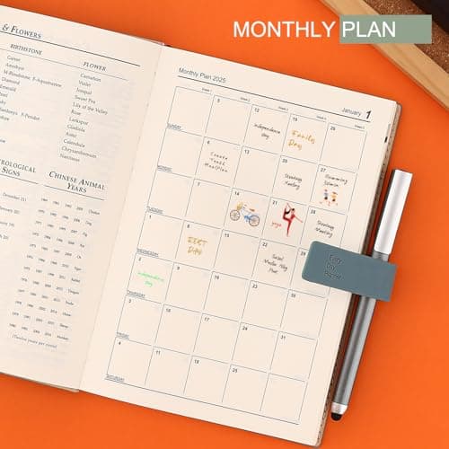 Agenda 2025 annuel complet une page par jour de janvier 2025 à décembre 2025 - Agenda journalier mensuel avec calendrier, stylo, porte-stylo, onglets mensuels et poche intérieure - Bleu - Format A5