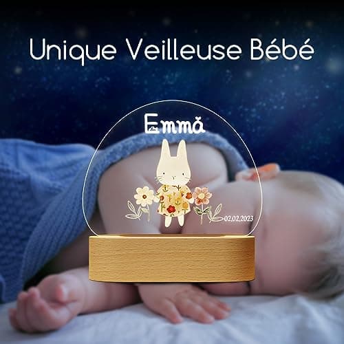 Giftove Veilleuse Bébé Personnalisé avec Prénom & Date, Cadeau Naissance Fille Original, Cadeau Fille de Bapteme/Nouveau né, Lampe Bebe Personnalisé Lampe Chevet Enfant, Deco Chambre Bebe Fille