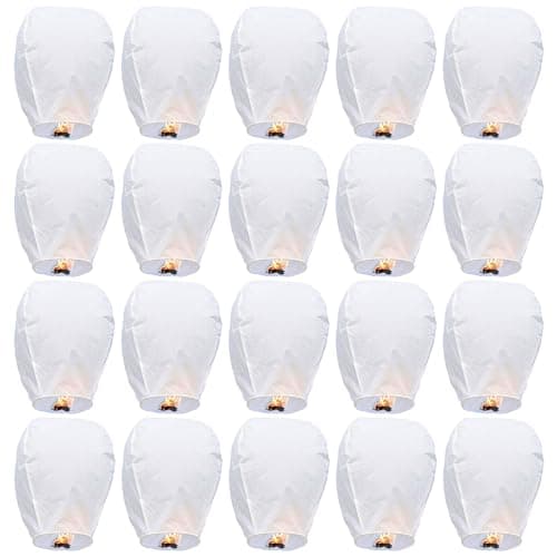 Lot de 20 lanternes Célestes Chinoises, Lanterne Chinoise Volante, Lanternes Volantes en Papier, célestes Souhaitant, 100% biodégradable, Utilisées pour Un Anniversaire, Un Mariage, Une fête(Blanc)