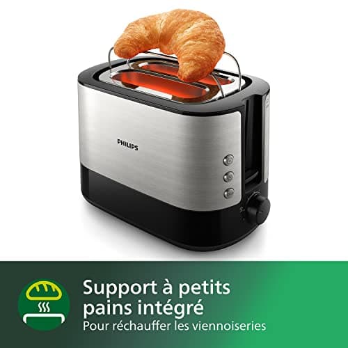 Philips Grille-pain - 2 Fentes, 7 Réglages, Réchauffe-Viennoiseries, Décongélation, Surélévation, Arrêt Automatique, Noir (HD2637/90)