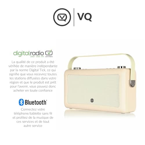 VQ Hepburn MK II Radio DAB Plus/DAB avec Bluetooth, FM et Radio Réveil Fonction - Alimentée par Secteur et Batterie Radio Vintage Portable avec entrée AUX, Prise Casque et Port de Charge USB - Crème