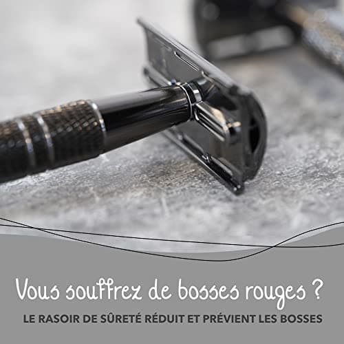 Bamboozy Rasoir de Sureté Kit de Démarrage - Set de Rasage avec 20 Lames, Savon de Rasage et Blaireau de Rasage - Aluminium - Sans Plastique & Zéro Déchet - Rasoir à Double Tranchant (Noir)