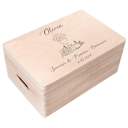 Creative Deco Personnalisé Première Communion Confirmation Cadeau Boite | Boîte à Souvenirs en Bois pour Garçon et Fille | Personnalisés - Calice et Prière du Chapelet | Personnalisable Idée Coffret
