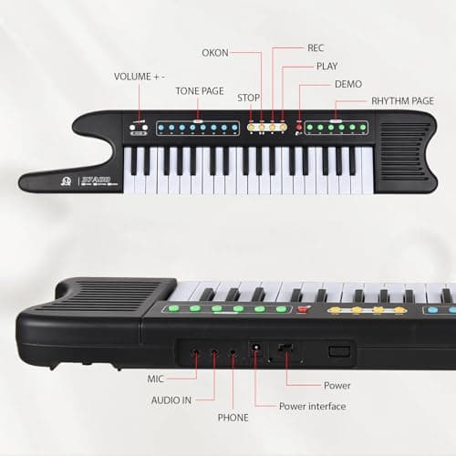 Funien Piano à Clavier électronique 37 Touches Mini Orgue électronique Portable Instrument de Musique 8 Tons 6 rythmes 10 démos avec Sangle de Microphone pour débutants Claviers Piano Double Modes
