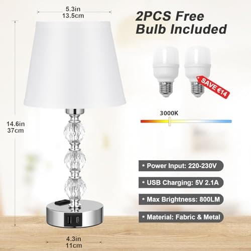 Kakanuo Lampe de Chevet Tactile avec Ports USB-A+C+Prise CA, 3 Intensité Variable, Lampe en Cristal Lot de 2, Abat-jour Blanc, Lampes de Table pour Chambre Salon D'enfant Bureau (Ampoules Incluse)