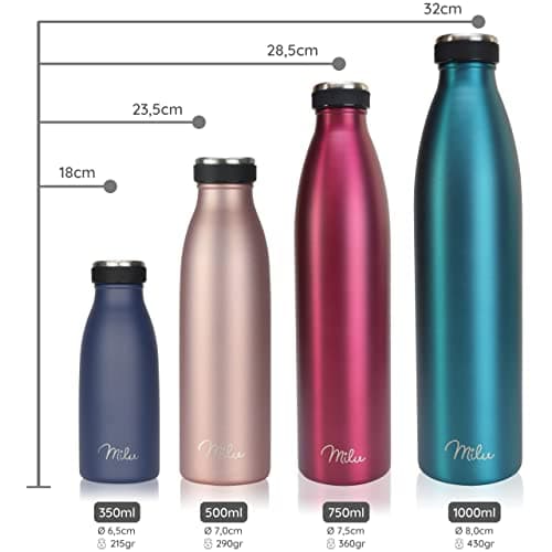 Milu Gourde en acier inoxydable 350 ml 500 ml, 750 ml, 1000 ml, 1,5 l – Bouteille isotherme, bouteille d'eau isolée, double paroi anti-fuite, convient aux acides carboniques (Berry, 1L)