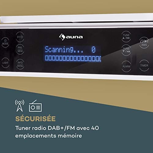 AUNA KR-140 - Radio de Cuisine encastrable, Bluetooth, Radio Dab+, 40 Stations programmables, 2x3W RMS, Écran Tactile, Mains-Libres, Éclairage LED, Minuterie de Cuisson - Blanc