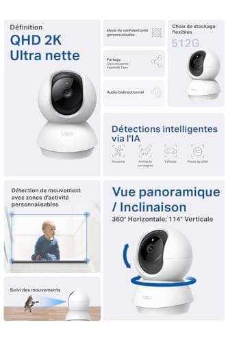 Tapo 2K(3MP) Caméra Surveillance WiFi intérieure 360° C210, Vision nocturne, Notifications en temps réel, Détection de personne, Suivi de mouvement, Télécommande, Compatible avec Alexa