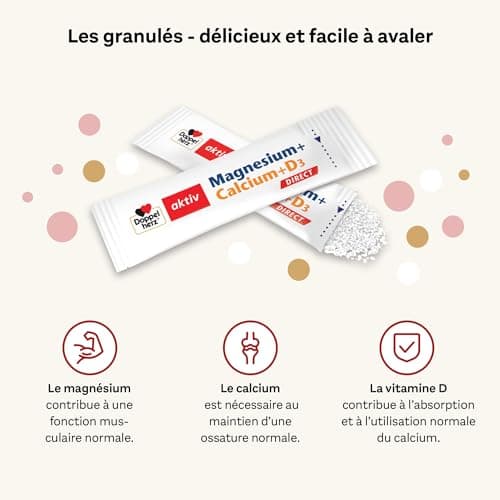 Doppelherz Magnésium + Calcium + D3 Direct – Micro-granulés associant – Le magnésium soutient une fonction musculaire normale – 20 sachets