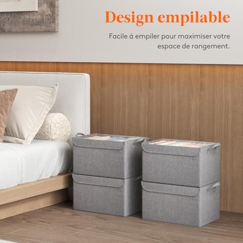 Lifewit Lot de 4 Boite Rangement en Oxford avec Couvercle Transparent, Rangement Dressing Armoire, Panier Rangement Pliable, Organisateur Placard, Vetement, Couverture, Livre, Jouet, Gris Clair, Petit