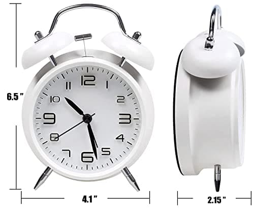 YouJabz - Réveil double cloche avec veilleuse - Rétro, pour enfant - Analogique, avec grand cadran de 10,16 cm - Silencieux, sans tic-tac (blanc)