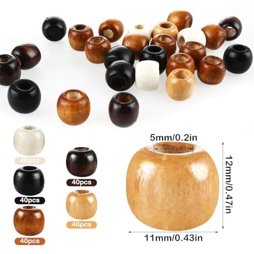 Andibro Lot de 200 perles en bois, 5 couleurs, grands trous, pour le bricolage, les dreadlocks, les tresses de cheveux, le macramé, la fabrication de bijoux