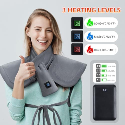 Arlierss Graphène Coussin Chauffant pour Cou et Dos avec Batterie 10000mAh, Coussin Chauffant Électrique Avec 3 Niveaux Réglage Température, Fonction D'arrêt Automatique pour Soulager la Douleur