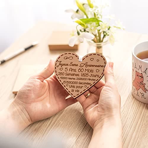 Cadeau Anniversaire De Mariage 5 Ans - Idée Cadeau Souvenir Anniversaire De Mariage Pour Femme En Bois - Cadeau Cœur Gravé Souvenir 5 Ans De Mariage Homme Et Femme