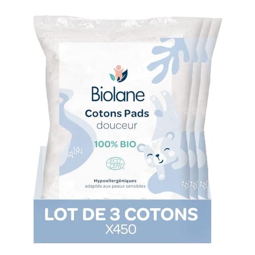 BIOLANE - Lot de 3 Cotons pads douceur - Bébé - 100% Bio - 150 Cotons - Peaux sensibles - Change & Toilette - Dès la naissance - Fabriqués en France
