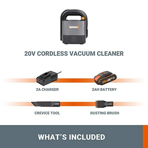 WORX Aspirateur Voiture Puissant sans Fil 18V(20V Max) WX030 Aspirateur à Main sur Batterie 150W 10KPa avec Boîte de Rangement Intégrée Dépoussiérage Maille filtrante Lavable