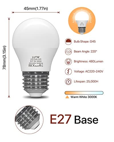 LUTW Ampoule LED E27 G45 Blanc Chaud 3000k, 5W Équivalent 40W, G45 Type Globe Ampoules avec Gros Culot à vis, 480lm, Économie d'Énergie à Angle de Faisceau 220°, Non Dimmable, Lot de 6