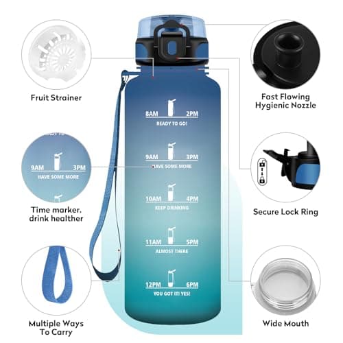 KollyKolla Gourde 1.5L Sport, Gourde Grande, Étanche et Réutilisable, Bouteille d'eau avec Marqueur de Temps et Filtre, Gourde Graduée pour 1 Journee, Adulte, Gym, l'école, Voyage, Camping, Randonnée