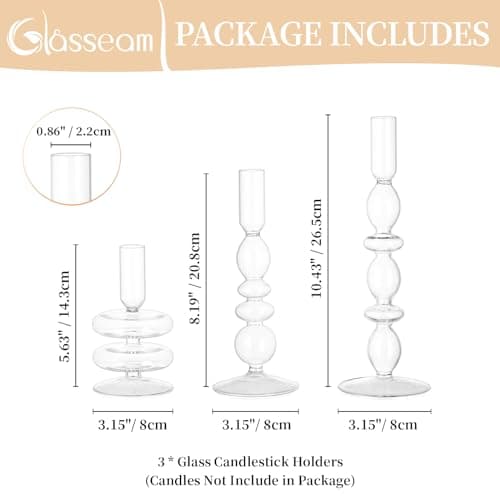 Glasseam Bougeoirs en Verre, Set De 3 Bougeoirs Transparents, Bougeoirs Chic, Bougeoir DéCoratif pour Centre De Table, Bougeoir De NoëL pour Table à Manger Home Decor