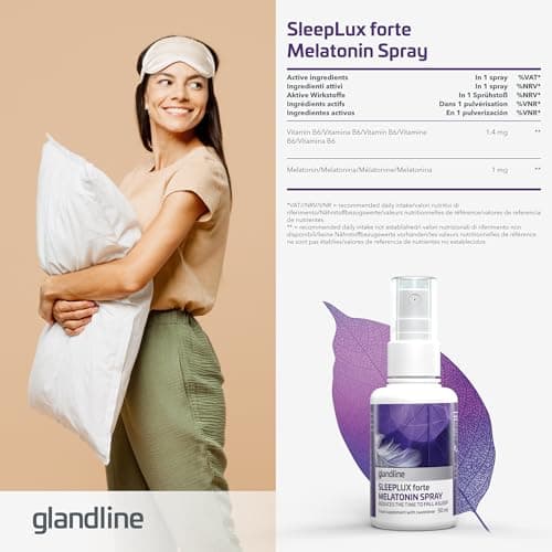 Melatonine spray SleepLux Forte (50 ml), 1 mg de mélatonine naturelle pour un meilleur sommeil, Vitamine B6, Goût de menthe, À base de plantes et végétalien, 380 pulvérisations par Sensilab
