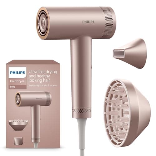 Philips Sèche-cheveux Philips High Speed 8000 Series, ThermoShield Advanced, ionique, embout de coiffage et diffuseur, soin du cuir chevelu, 1400 W, champagne rosé, modèle BHD837/10